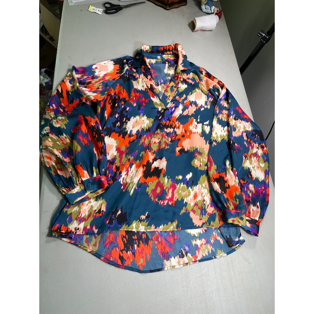 Womens 2XL Abstract Print Satin Blouse High Low Hem Teal Multicolor Plus Size